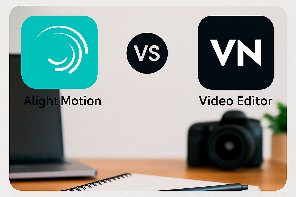 Logotipos do Alight Motion e VN Video Editor sobre uma mesa de trabalho, ilustrando uma comparação entre aplicativos de edição móvel.