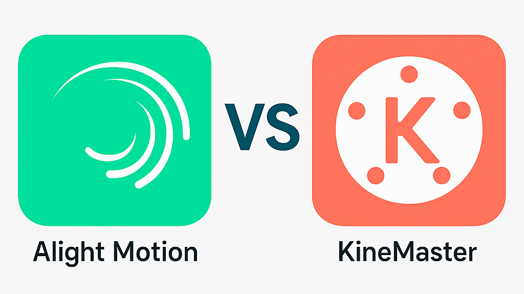Os logotipos da Alight Motion e da KineMaster se enfrentam em uma comparação visual de aplicativos móveis de edição de vídeo.