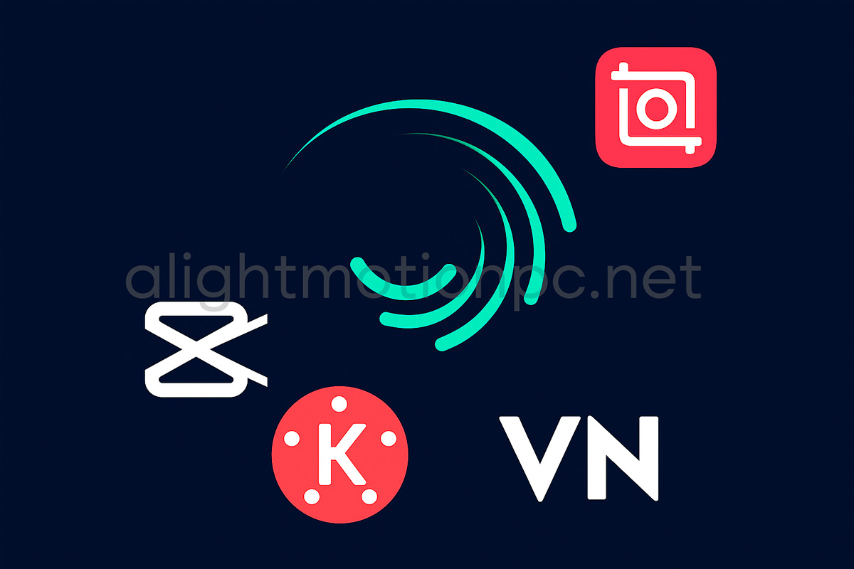 Rectangular image showing the Alight Motion logo in the centre, surrounded by the icons of InShot, CapCut, KineMaster and VN Video Editor