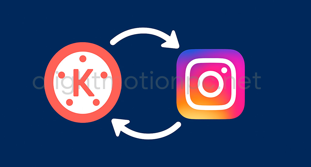 Imagem retangular representando a integração do KineMaster com redes sociais como o Instagram, com setas conectando os dois ícones em um fundo escuro.