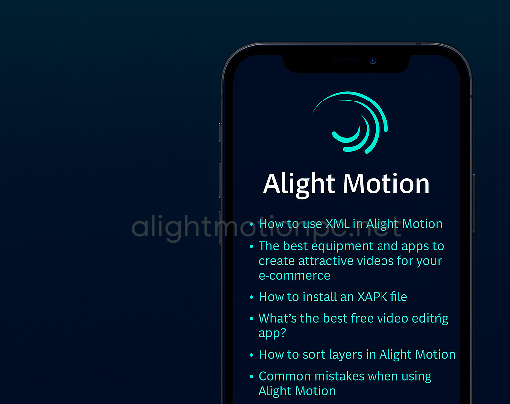Imagem retangular com um smartphone mostrando uma interface tutorial do Alight Motion em um fundo azul escuro.
